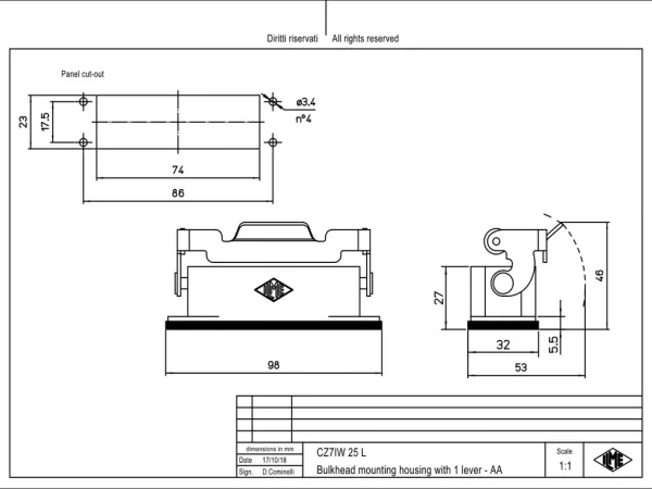 bulkhead mounting housing, size 66.16, W-TYPE alu, 1 rigid lever
