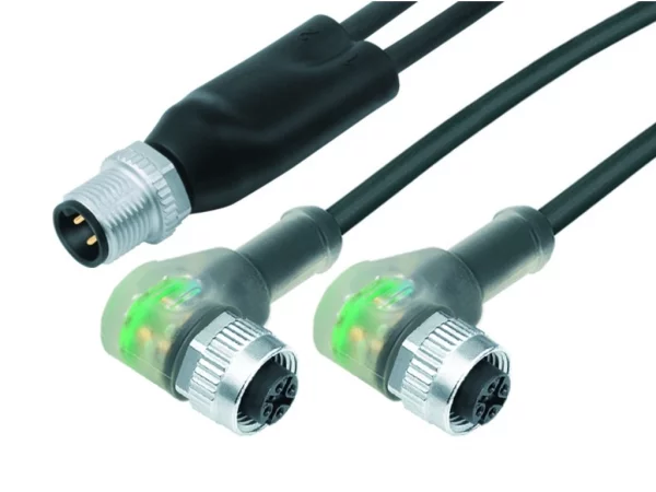 Duo male connector M12x1 - 2 female angled connectors with LED PNP NOC M12x1