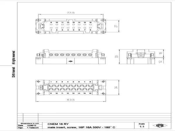 male insert, size 77.27, 16p+PE, silver, screw, 16A, 500V, 180°C