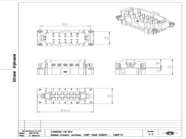 male insert, size 57.27, 10p+PE, silver, screw, 16A, 500V, 180°C
