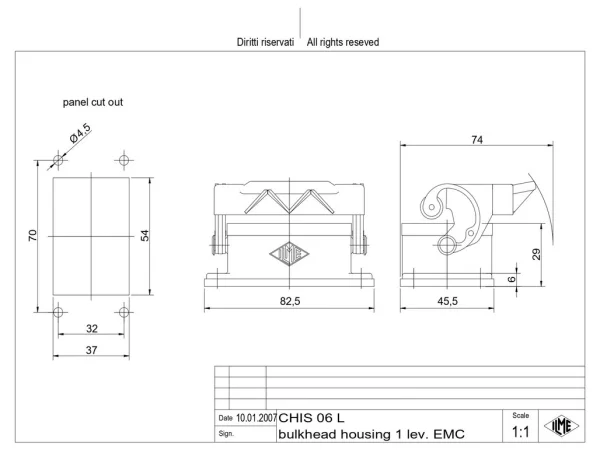 bulkhead mounting housing, size 44.27, EMC alu, 1 lever