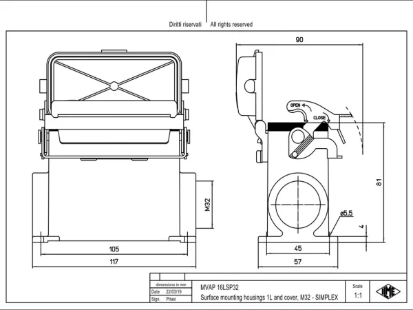 surface mount. hous., high, size 77.27, V-TYPE alu, 1 lever stainl. steel, 1xM32 side, spring cover