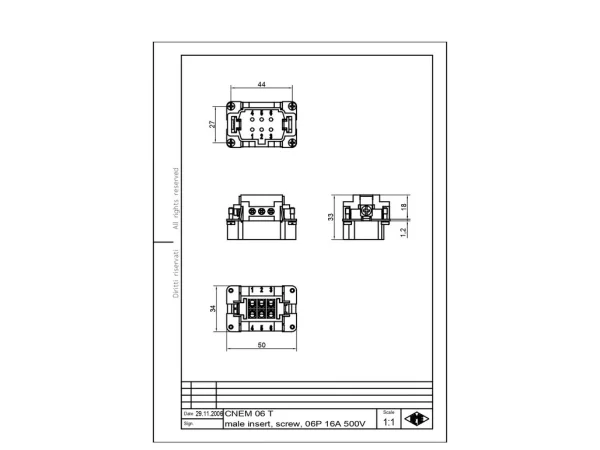 male insert, size 44.27, 6p+PE, silver, screw, 16A, 500V