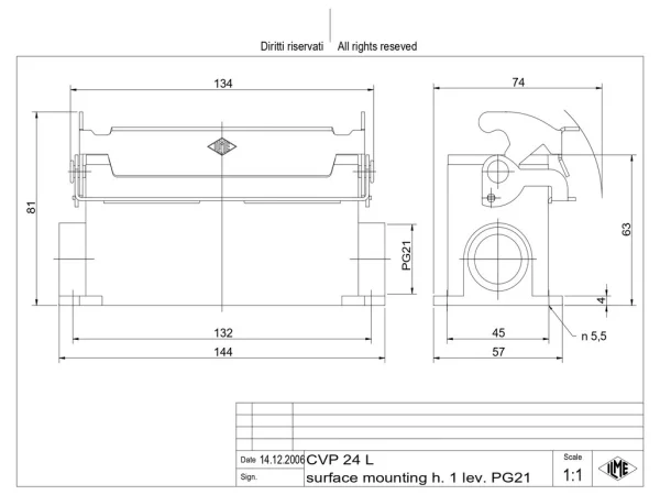 surface mounting housing, size 104.27, V-TYPE alu, 1 lever, 1xPG21 side