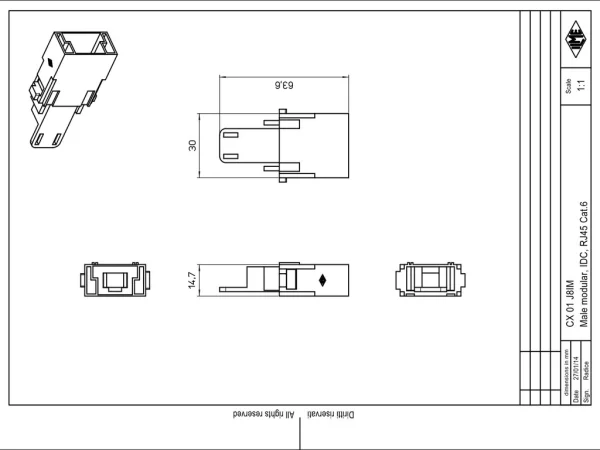 male insert, MIXO, 1MU, for RJ45 male insert CX 8 J6IM