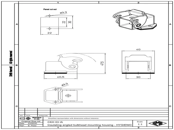 bulkhead mounting housing, angled, size 21.21, CKH plastic, 1 lever, sealing kit
