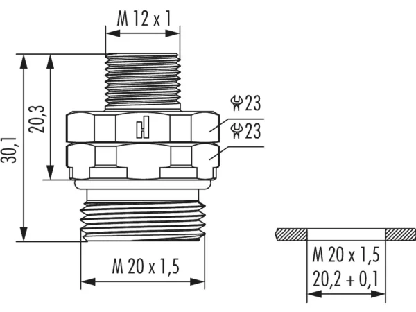 Panel connector male thread, single hole front mounted, orientable