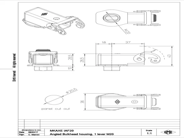 bulkhead mounting housing, angled, size 21.21, E-Xtreme alu, 1 lever stainless steel, 1xM20 external