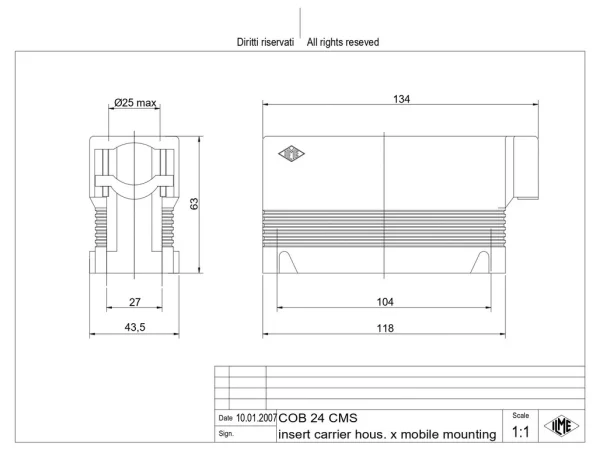 Insulating housing, size 104.27, COB plastic, 4 pegs, side cable entry with cable clamp, with strain relief