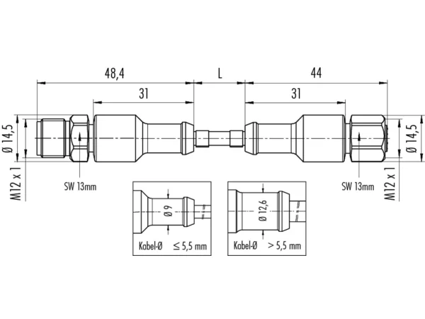 Connecting cable, male cable connector M12x1 & female cable connector M12x1