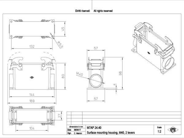 surface mounting housing, high, size 104.27, V-TYPE alu, 2 levers, 1xM40 side