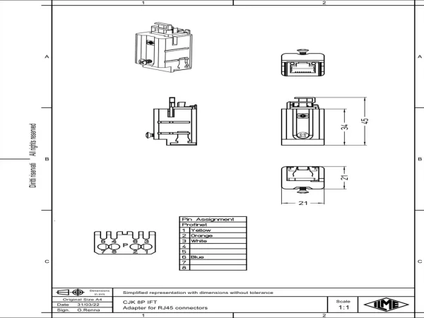 adaptor, size 21.21, with RJ45 IDC female insert, configuration PROFINET
