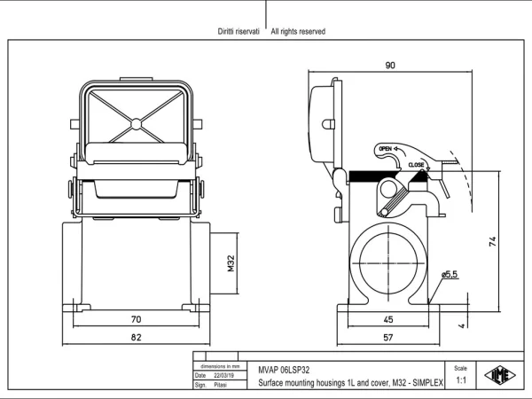 surface mount. hous., high, size 44.27, V-TYPE alu, 1 lever stainl. steel, 1xM32 side, spring cover