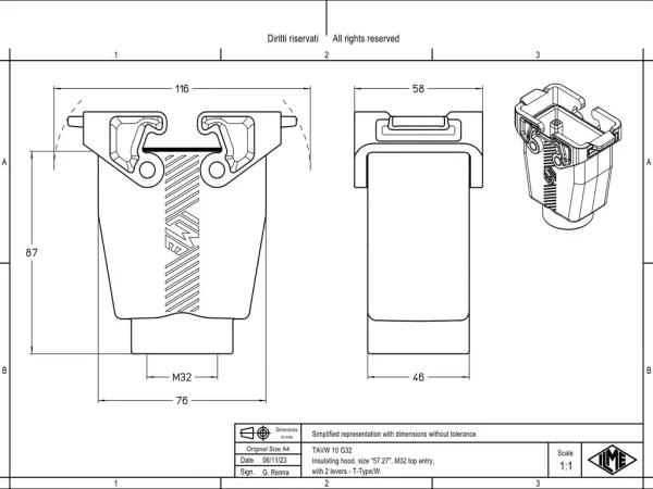 hood, high, size 57.27, T-TYPE /W plastic, 2 levers, 1xM32 top