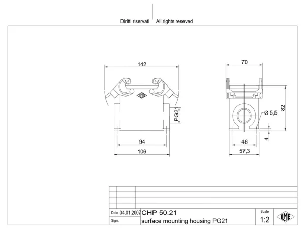 surface mounting housing, size 66.40, C-TYPE alu, 2 levers, 1xPG21 side