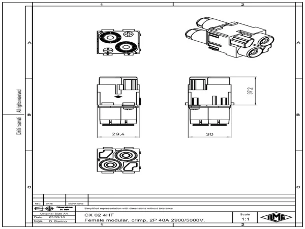 female insert, MIXO, 2MU, 2p, crimp, 40A, 2900/5000V,