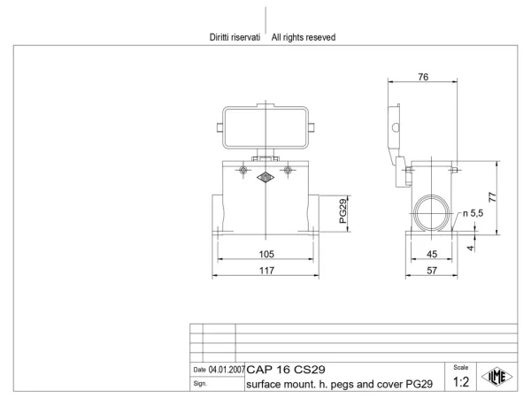surface mounting housing, high, size 77.27, C-TYPE alu, 4 pegs, 1xPG29 side, cov.