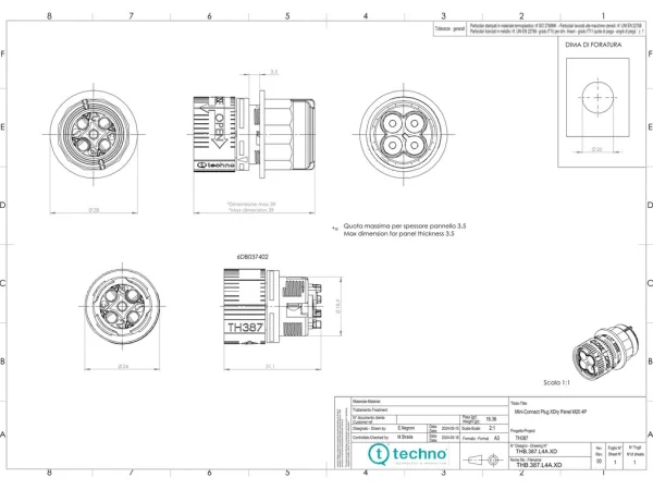 Mini plug connector panel-mounted NC, screw