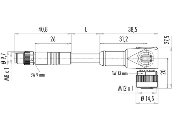 Male cable connector M8x1 - Female angled connector M12x1