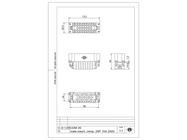 male insert, size 66.16, 25p+PE, crimp, 10A, 250V