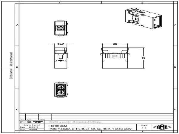 male insert, MIXO HNM, 1MU, 8p, crimp, 10A, 50V, megabit