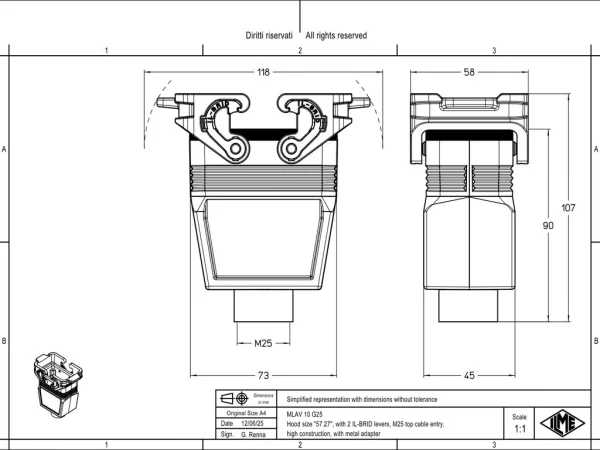hood, size 57.27, IL-BRID stainless steel, 2 levers, 1xM25 top