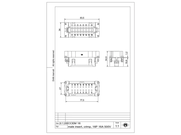 male insert, size 77.27, 16p+PE, crimp, 16A, 500V