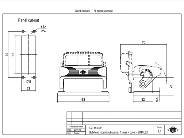 bulkhead mounting housing, size 49.16, IL-BRID alu, 1 lever, spring cover
