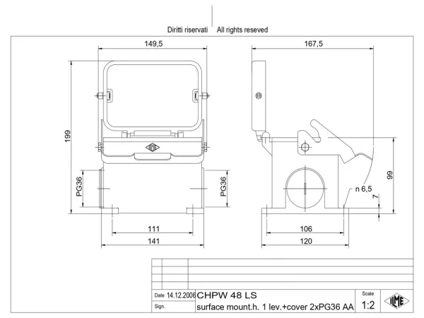surface mounting housing, size 104.62, W-TYPE alu, 1 lever, 1xPG36 side, cov.