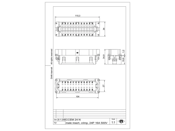 male insert, 24p+PE, crimp, 16A, 500V, for size 104.62 no.25-48