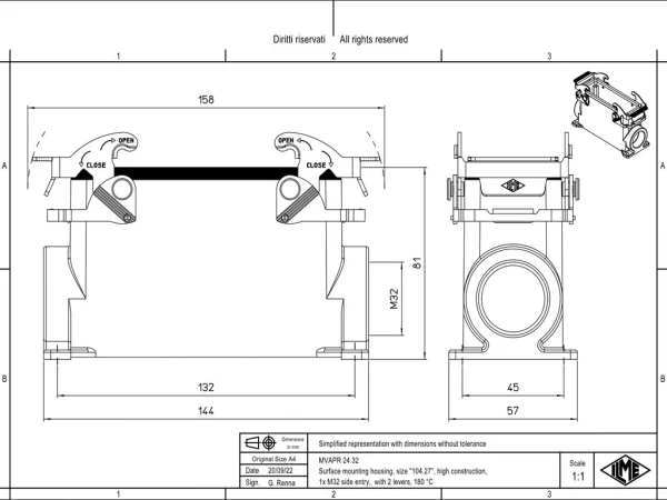 surface mounting housing, size 104.27, 180 °C alu, 2 levers, 1xM32 side