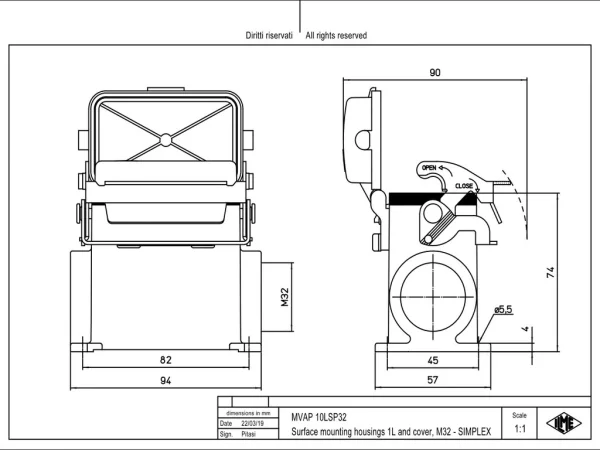 surface mount. hous., high, size 57.27, V-TYPE alu, 1 lever stainl. steel, 1xM32 side, spring cover