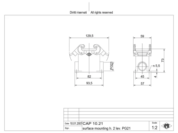 surface mounting housing, high, size 57.27, C-TYPE alu, 2 levers, 1xPG21 side