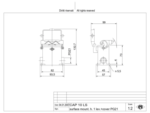 surface mounting housing, high, size 57.27, C-TYPE alu, 1 lever, 1xPG21 side, cov.
