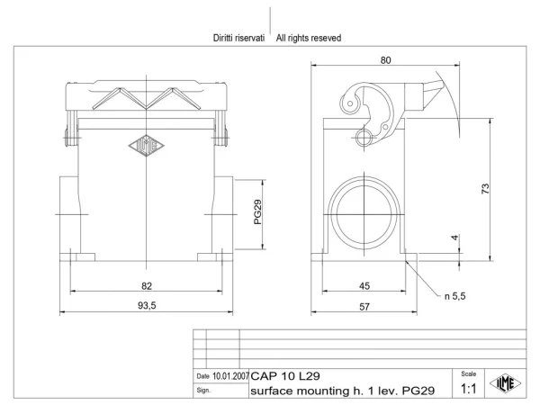 surface mounting housing, high, size 57.27, C-TYPE alu, 1 lever, 1xPG29 side