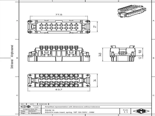 male insert, size 77.27, 16p+PE, SQUICH, 16A, 500V, HNM