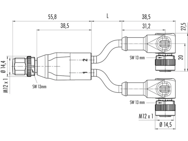 Duo male connector M12x1 - 2 female angled connectors with LED PNP NOC M12x1