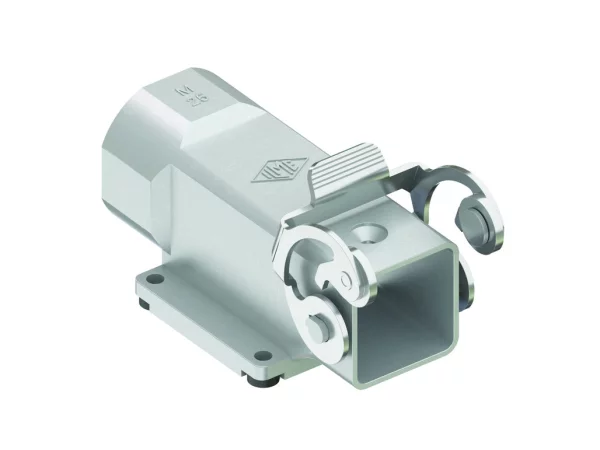bulkhead mounting housing, angled, size 21.21, EMC zinc, 1 lever stainless steel, 1xM25 side