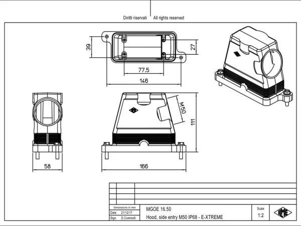 hood, size 77.27, IP68 E-Xtreme alu, screw locking, 1xM50 side