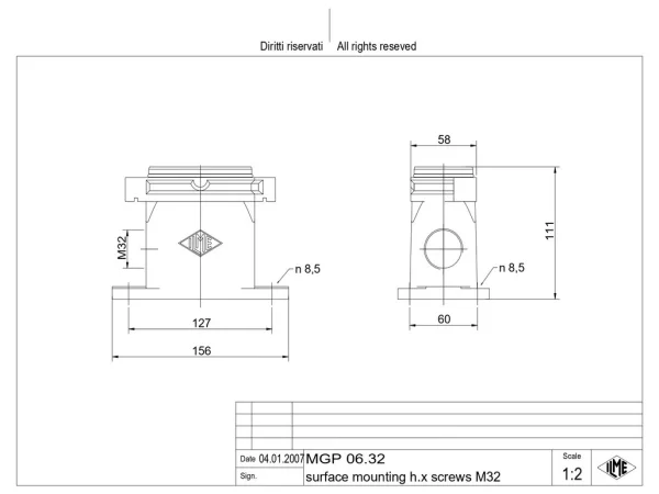 surface mounting housing, size 44.27, IP68 alu, screw locking, 1xM32 side
