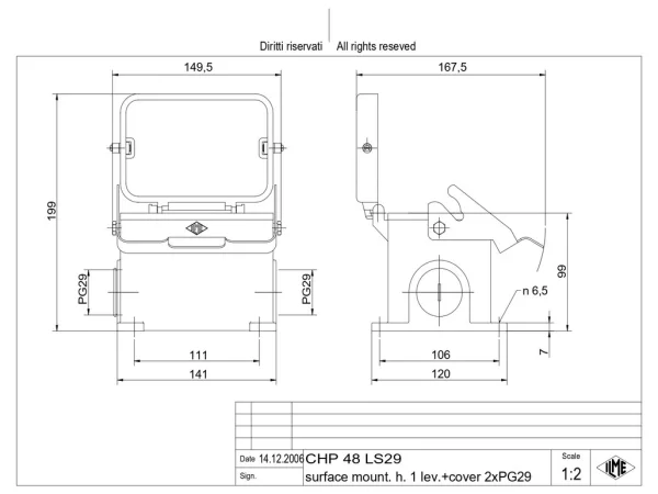 surface mounting housing, size 104.62, C-TYPE alu, 1 lever, 2xPG29 side, cov.