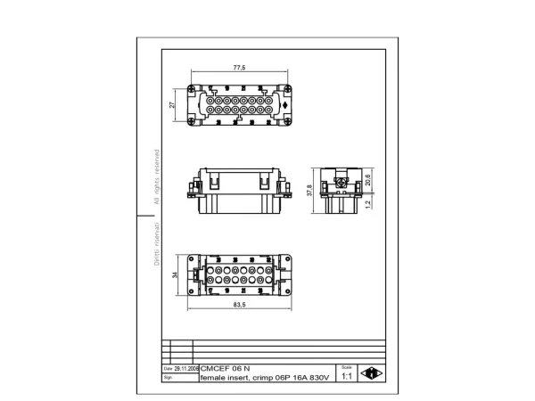 female insert, size 77.62, 6+2p+PE, crimp, 16A, 830V, no.7-12