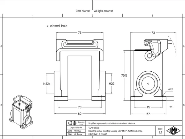 surface mounting housing, high, size 44.27, T-TYPE W plastic, 1 lever, 1xM32 side