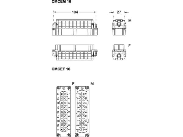 male insert, size 104.27, 16+2p+PE, crimp, 16A, 400/690V