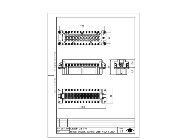 female insert, 24p+PE, silver, screw, 16A, 500V, for size 104.62 no.25-48
