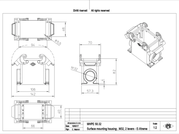 surface mounting housing, size 66.40, E-Xtreme alu, 2 levers, 1xM32 side