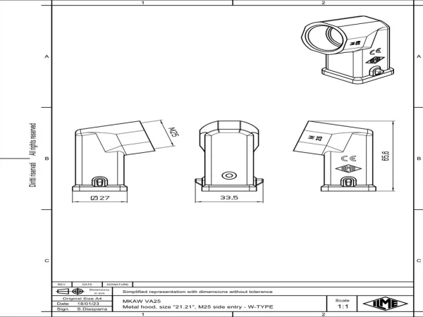 hood, size 21.21, W-TYPE zinc, 2 pegs, 1xM25 side