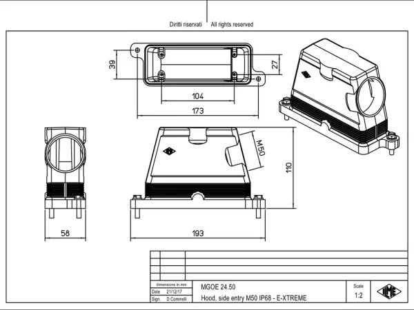 hood, size 104.27, IP68 E-Xtreme alu, screw locking, 1xM50 side