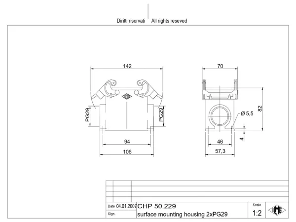 surface mounting housing, size 66.40, C-TYPE alu, 2 levers, 2xPG29 side