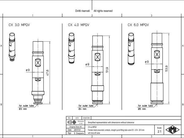 female contact, MIXO, metal, 3,0mm external, push-in, pneumatic, shutt-off valve